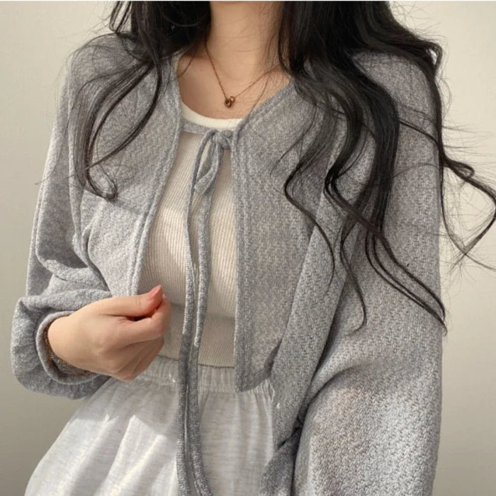Thin White Cardigan Sunscreen Lace-up Knitted Tops
