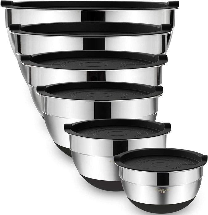Mixing Bowls with Airtight Lids,6 Piece Stainless Steel Metal Nesting Storage Bowls, Non-Slip Bottoms Size 7, 3.5, 2.5, 2.0,1.5, 1QT, Great for Mixing & Serving(Black)