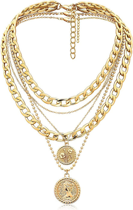 Mjartoria Gold Layered Necklaces for Women Trendy Retro Coin Pendant Gold Necklace Dainty Chunky Link Chain Choker Necklaces for Girls Jewelry Birthday Gifts