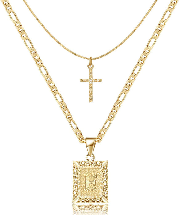 Gold Layered Initial Cross Necklace, 14K Gold Plated Layering Square Letter Pendant Figaro Chain Cross Choker from A-Z Capital Jewelry for Women Girls