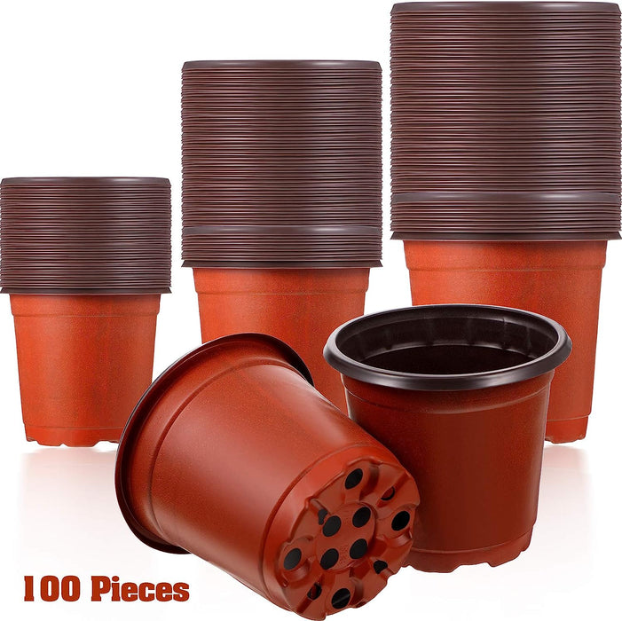 100 Pieces Plastic Plant Nursery Pots Reusable Plant Seeding Nursery Pot Flower Plant Containers Seed Starting Pots for Gardens, 3 Sizes (Brown)