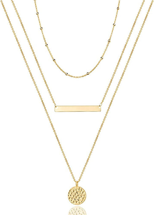 Dainty Layered Choker Necklace, Handmade 14K Gold Plated Y Pendant Necklace Multilayer Bar Disc Necklace Adjustable Layering Choker Necklaces for Women