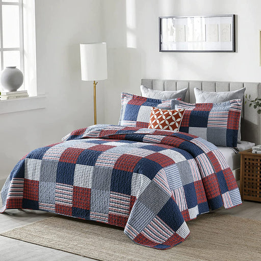 100% Cotton Quilt Set Queen Size, Patchwork Plaid Queen Quilt Bedding Set Bedspreads, Farmhouse Lightweight Comforter Reversible Quilt, Blue/Red/White Bed Spread for Queen Bed, 3 Pieces