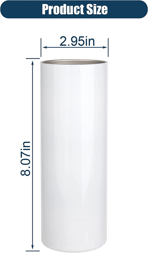 1 Pack 20 Oz Sublimation Tumbler Skinny Straight Double Walled Stainless Steel Blank Tumbler Bulk with Lid, Shrink Wrap, Rubber Base