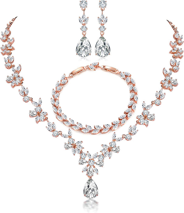 Jewelry Set for Women, Necklace Dangle Earrings Bracelet Set, White Gold Plated Jewelry Set with White AAA Cubic Zirconia, Allergy Free Wedding Party Jewelry for Bridal Bridesmaid