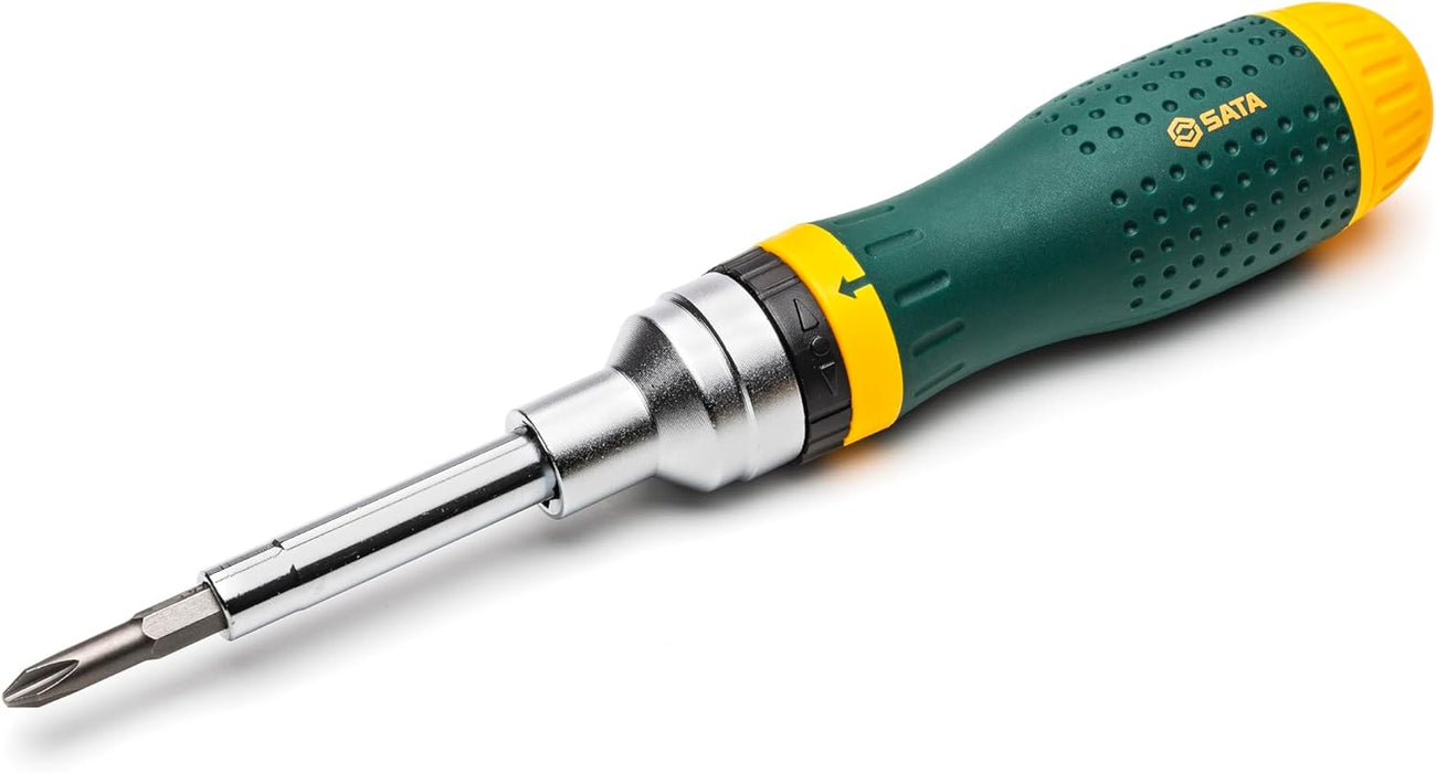 19-In-1 Multipurpose Ratcheting Screwdriver Set with 8 Double-Sided Bits and a Green and Yellow Oil-Resistant Handle - ST09350, 10 Piece