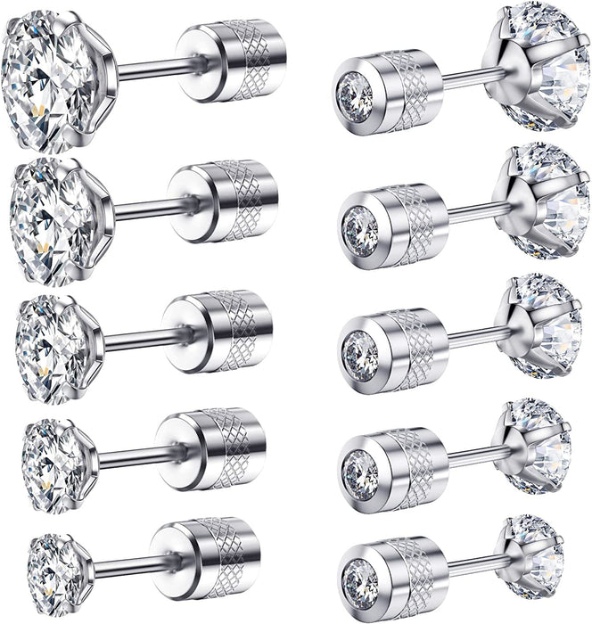 Cubic Zirconia Hypoallergenic Stud Earrings for Women Men Girls Statement Cartilage Fashion Surgical Steel Helix Earrings 5 Pairs