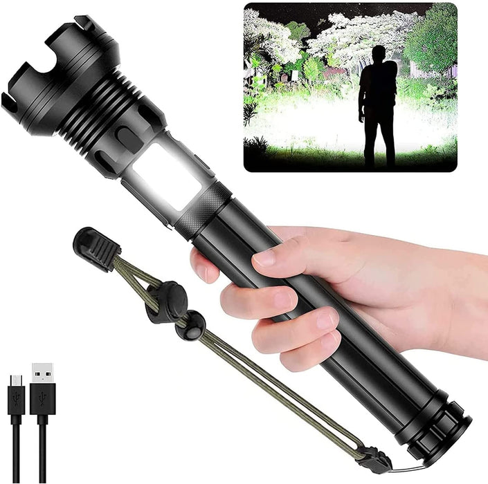 Led Rechargeable Tactical Flashlights 90000 High Lumens, Xhp90 Brightest Flashlight with Cob Sidelight, Powerful Emergency Flashlight with USB Output as Power Bank, Zoomable, Waterproof,7Mode