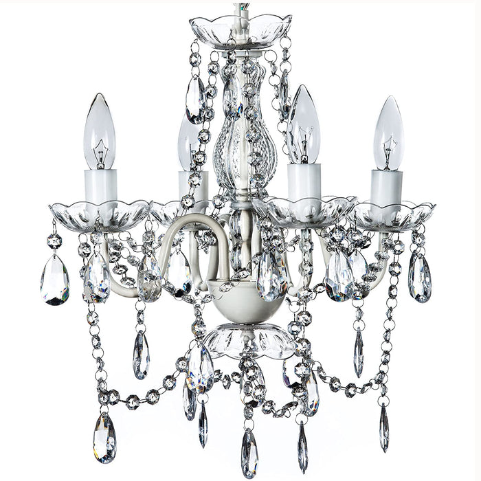 the Original 4 Light Crystal White Hardwire Flush Mount Chandelier H17.5”Xw15”, White Metal Frame with Clear Glass Stem and Clear Acrylic Crystals & Beads That Sparkle Just like Glass