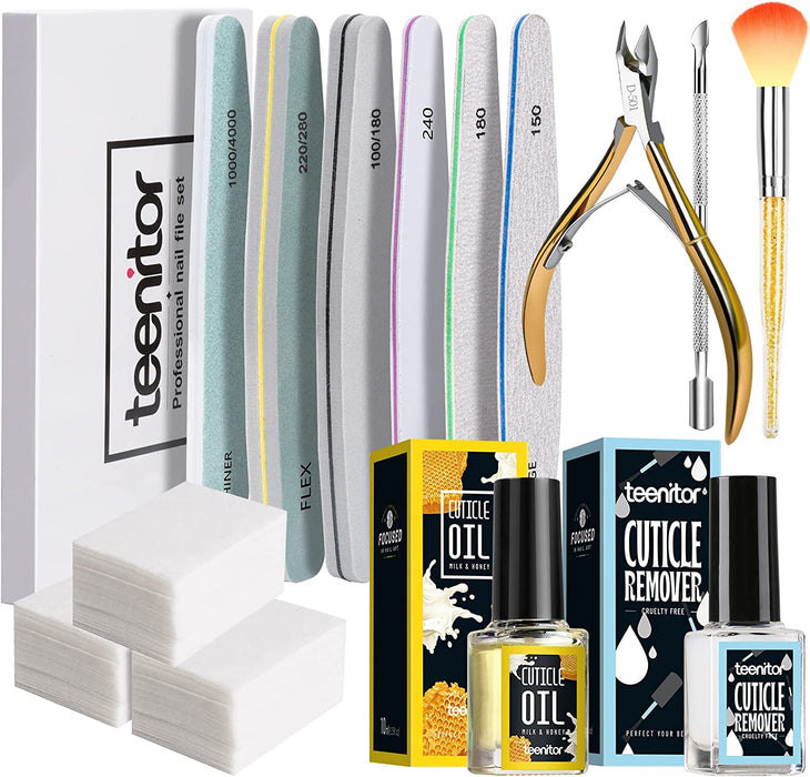 Nail and Cuticle Care Tools Kit with Cuticle Remover, Nail Files Buffer, Cuticle Nail Clipper, Cuticle Peeler Scraper Pusher and Cutter,Cuticle Oil and Nail Clean Cotton Pad