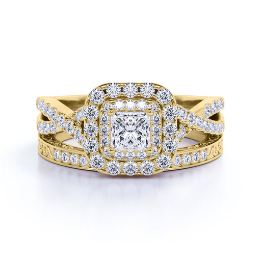 1.25 Ct - Square Moissanite - Double Halo - Twisted Band - Vintage Inspired - Pave - Wedding Ring Set in 18K Yellow Gold over Silver