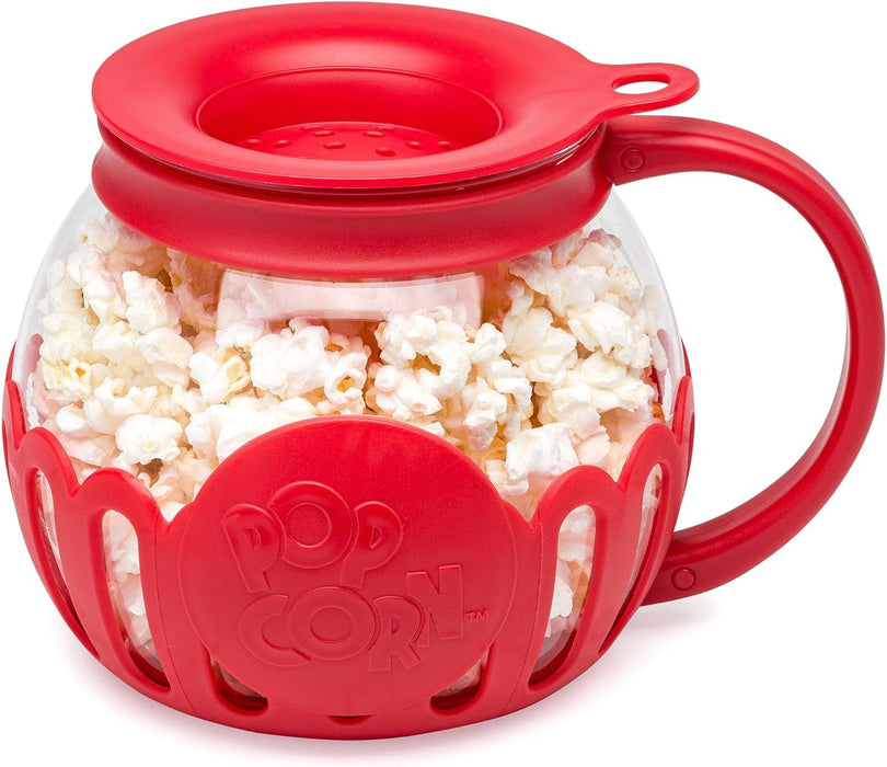 Patented Micro-Pop Microwave Popcorn Popper with Temperature Safe Glass, 3-In-1 Lid Measures Kernels and Melts Butter, Made without BPA, Dishwasher Safe, 1.5-Quart, Red
