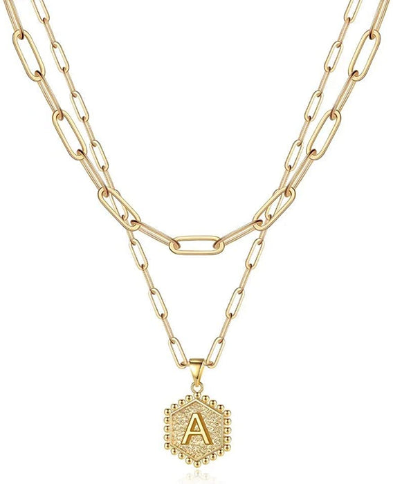 Dainty Layered Initial Necklaces for Women Trendy, 14K Real Gold Plated Paperclip Chain Necklace Cute Hexagon Letter Pendant Initial Choker Necklace Gold Layered Necklaces for Women
