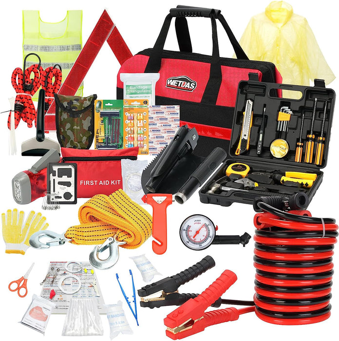 Car Roadside Emergency Kit with Jumper Cables, Auto Road Side Safety Kit for Vehicles - with Premium Carry Bag, Repair Tool Set, Folding Shovel, First Aid Kit, for Men, Women, Teenagers