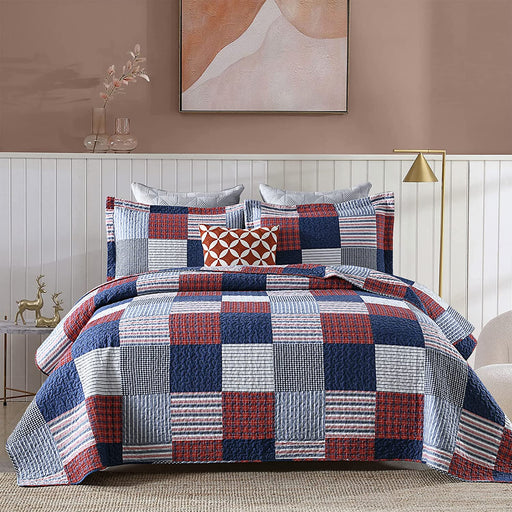 100% Cotton Quilt Set Queen Size, Patchwork Plaid Queen Quilt Bedding Set Bedspreads, Farmhouse Lightweight Comforter Reversible Quilt, Blue/Red/White Bed Spread for Queen Bed, 3 Pieces