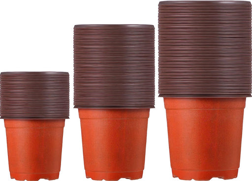100 Pieces Plastic Plant Nursery Pots Reusable Plant Seeding Nursery Pot Flower Plant Containers Seed Starting Pots for Gardens, 3 Sizes (Brown)