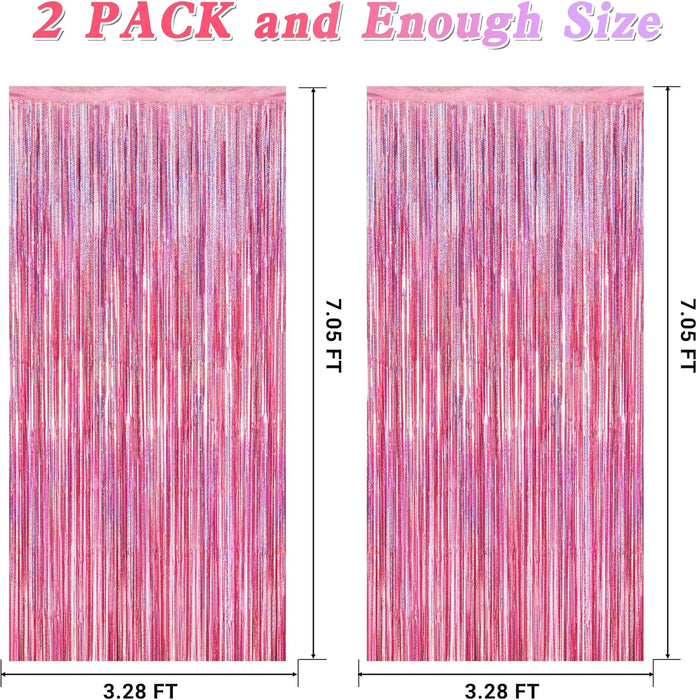 2 Pack Glitter Pink Backdrop, 3.28 FT x 7.05 FT Birthday Party Decorations, Laser Pink Fringe Curtains Foil Streamer Tinsel, Pink Curtains Photo Backdrop Happy Birthday Valentines Day Backdrop