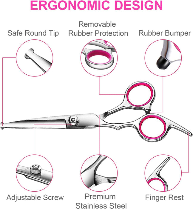 Dog Grooming Kit, Professional Stainless Steel Dog Grooming Scissors with Curved Shears, Pink Finger Rings - 4 Piece Sha