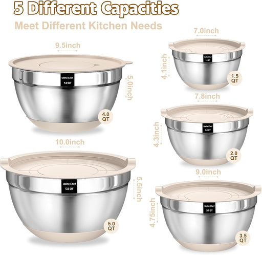 Mixing Bowls with Airtight Lids Set, 8PCS Stainless Steel Nesting Bowls with Grater Attachments, Non-Slip Bottoms, 5, 4,