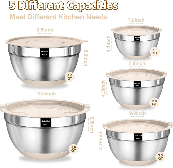 Mixing Bowls with Airtight Lids Set, 8PCS Stainless Steel Nesting Bowls with Grater Attachments, Non-Slip Bottoms, 5, 4,