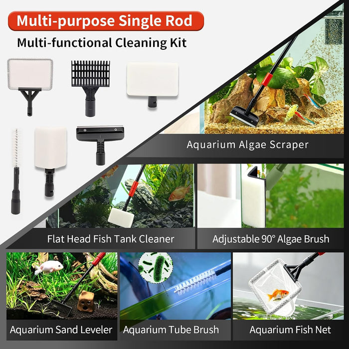 Aquarium Clean Tool 6 in 1 Fish Tank Cleaning Kit Algae Scraper Scrubber Pad Adjustable Long Handle Fish Tank Brush Clea