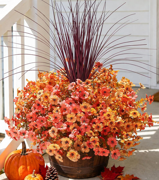 Fall Flowers Artificial Mums for Outdoors Autumn Decor, 12 Bundles Fake Fall Mums with 1 pcs Burgundy Grass UV Resistant