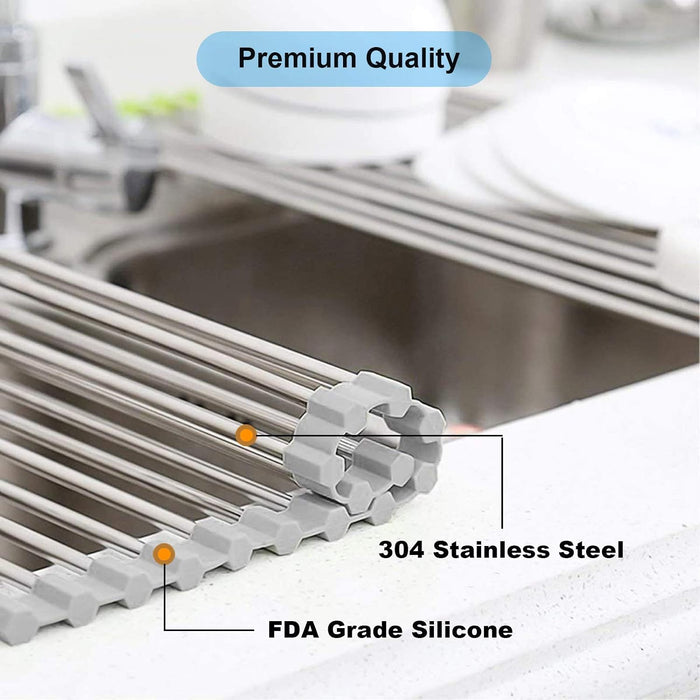Over the Sink Dish Drying Rack, Roll up Sink Dish Drainer Rack Foldable Kitchen Stainless Steel Dish Rack Sink Drying Ra