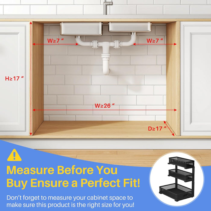 Under Sink Organizer, 3-Tier Thickened Metal Pull out Cabinet Organizer Shelf, Height Adjustable Slide out Storage Drawe