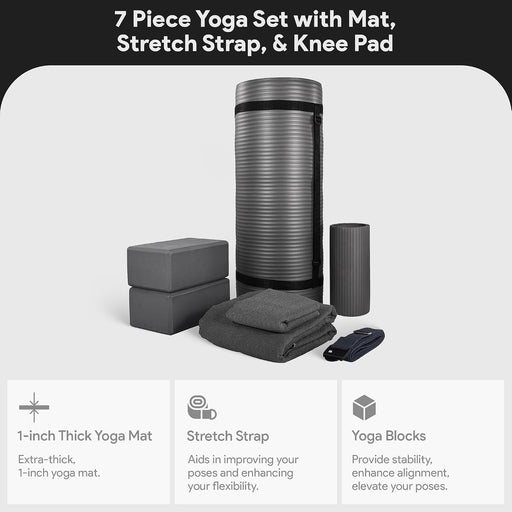 7-Piece Yoga Set with 71x24x0.5 Inches Extra Thick Mat and Carrying Sling – Includes 2 Blocks, Stretch Strap, 2 Towels, and Knee Pad for Home, Studio, and Gym Workouts