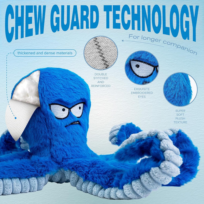 Tough Dog Toys, Stuffed Chew Large Dog Toys to Keep Them Busy, Interactive Squeaky Tug of War Doggie Toy, Crinkle Blue O