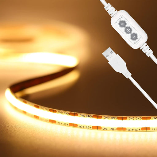 COB LED Strip Lights 5V USB Powered Dotless Super Bright Dimmable LED Lights 3000K Warm White 6.56ft TV Backlights,Flexible 3M Adhesive Under Cabinet Light for Bedroom,Kitchen,Shelf Lighting