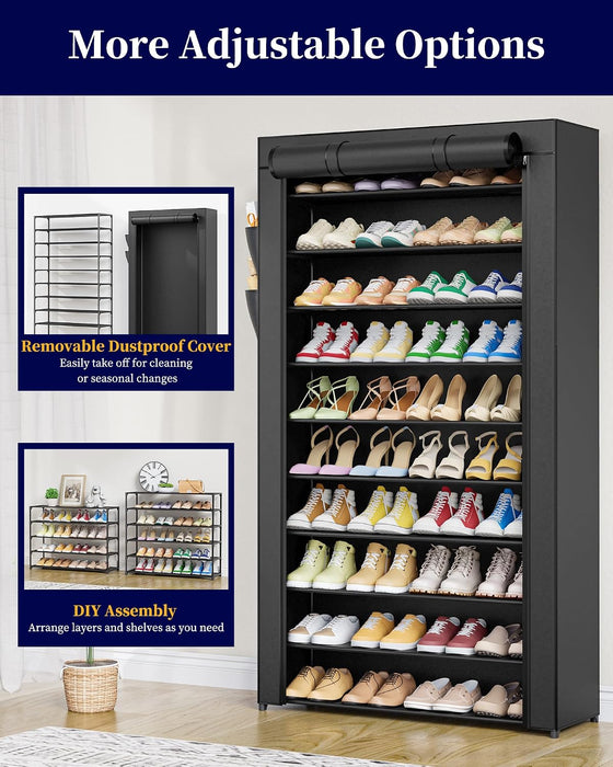 10-Tier Shoe Rack with Cover, Tall Shoe Shelf, 33" Wide, Black