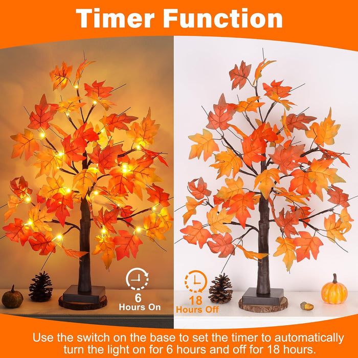 1 Pack 24 Inch Fall Maple Tree with 48LED Battery Operated Lighted Tabletop Artificial Tree with Pumpkin Acorn Maple Fal