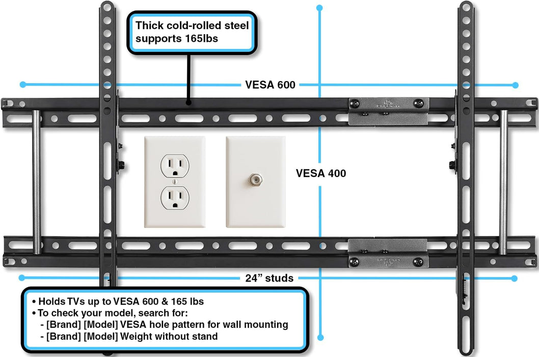 Tilt TV Mount fits 32-86 Inch TVs up to 165lbs Max VESA 600x400mm, with 10ft HDMI Cable, Universal Flat Wall Mount Bracket, fits 16-24" Studs, Ultra Low 1.3" Profile Adjusts to 15 Degree Tilt