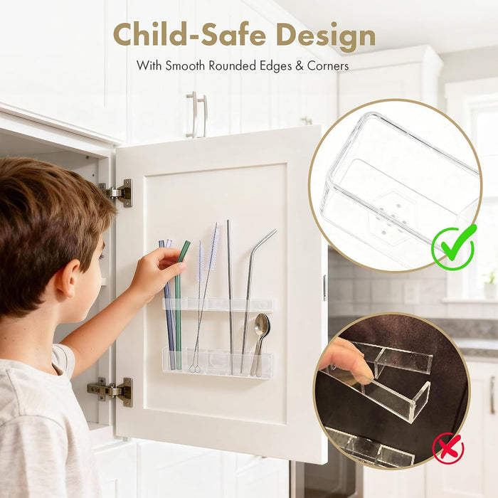 Acrylic Straw Holder for Cabinet Door - Child-Safe Organizer & Dispenser with Smooth Rounded Edges for Kitchen Accessori