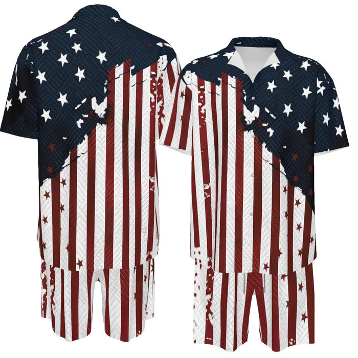 Men'S Fashion 2-Piece Matching Shortsleeve Collared Neck Tropical Set - Casual Stylish Flag Pattern Shirt & Bottoms, Loose Fit, plus Size Hawaiian Patriotic Streetwear for 4Th of July
