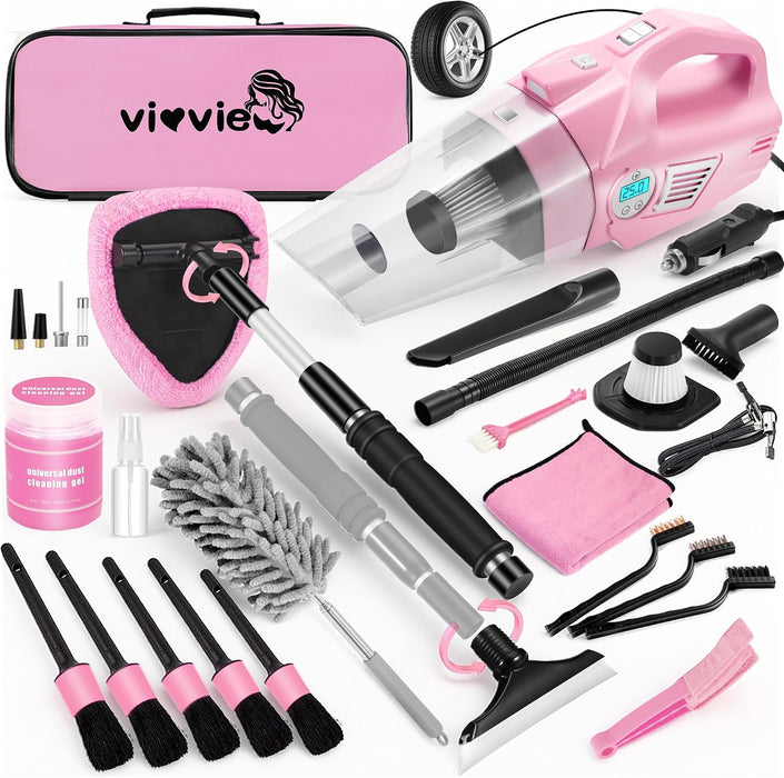 Pink Car Cleaning Kit, 25Pcs Detailing Kit Interior with 4-in-1 Power Handheld Vacuum Cleaner, Detailing Brush Set, 2-in