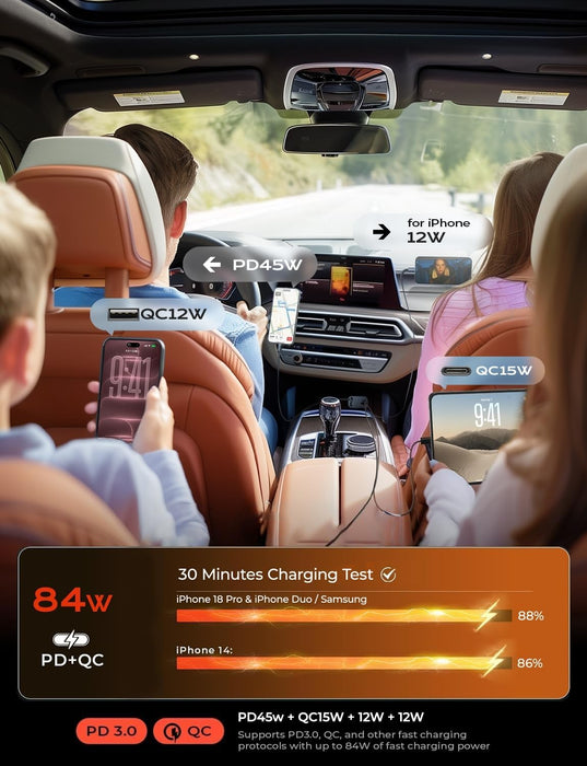 Retractable Car Charger, 84W Car Charger USB C Fast Charge, 4 in 1