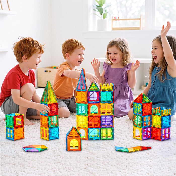 100 PCS Magnetic Tiles with 2 Cars, Magnet Stacking Blocks Kids