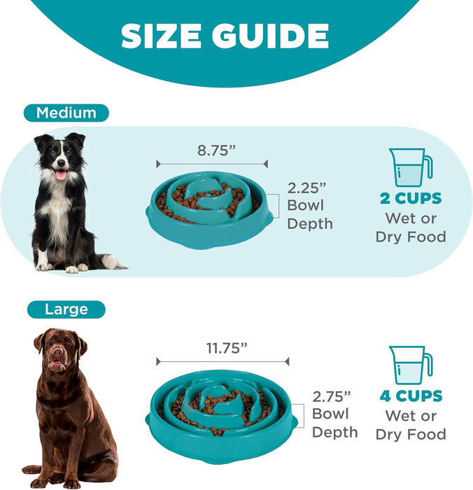 Fun Feeder Slo Bowl – Medium 2‑Cup Capacity, Slow Feeding, Small to Medium Dogs & Cats, Non-Slip, Turquoise, Drop Patter