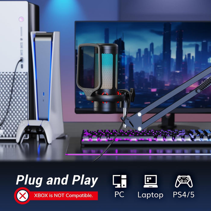 Gaming Microphone Set with Boom Arm, Vocal Condenser Microphone for Content Creators, USB Mic for PC with Stand, RGB, Tap Mute, Gain Control, Gaming Equipemnt, Twitch, Streaming, TC310+