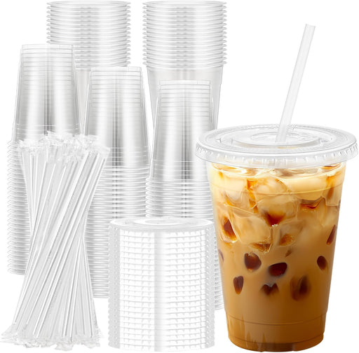 100 Pack 16 oz Clear Plastic Cups with Lids and Straws
