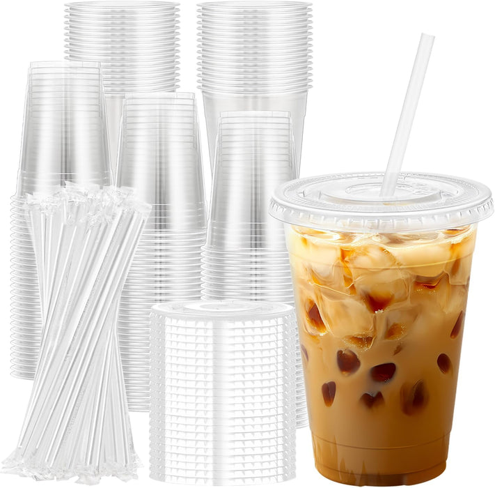 100 Pack 16 oz Clear Plastic Cups with Lids and Straws