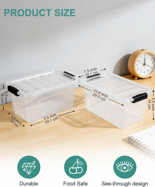 Plastic Storage Bins with Lids 6 Pack, 6.7 Quart Storage Containers With Black Buckle Latch, Stackable Storage Organizer