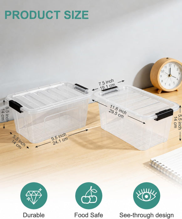 Plastic Storage Bins with Lids 6 Pack, 6.7 Quart Storage Containers With Black Buckle Latch, Stackable Storage Organizer