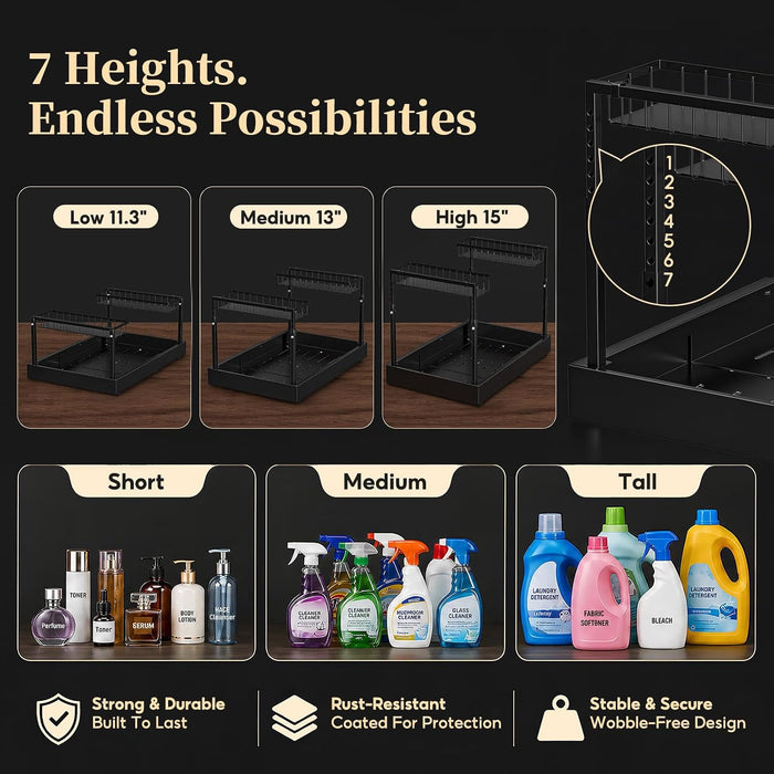 Under Sink Organizer, 2-Tier Slide Out kitchen Storage Metal Shelf, Black