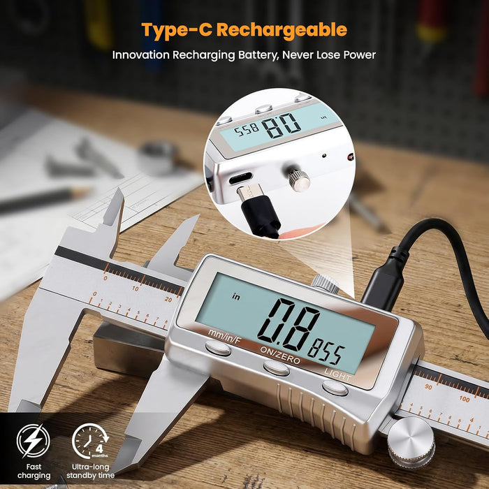 Digital Caliper 6 Inch, Rechargeable All Metal W/Backlight Screen