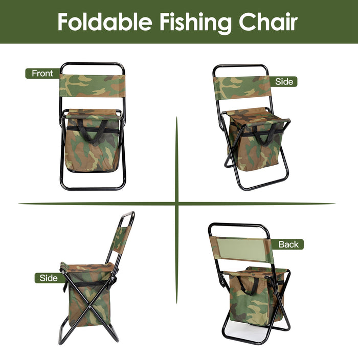 Foldable Fishing Stool with Backrest and Cooler Bag
