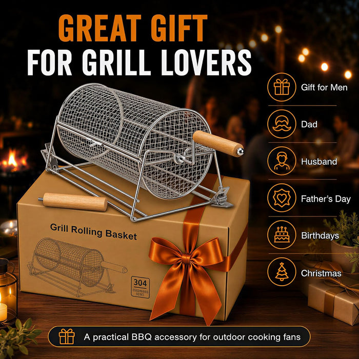 2-in-1 Rolling Grill Basket 304 Stainless Steel Rotatable with Dual Handles