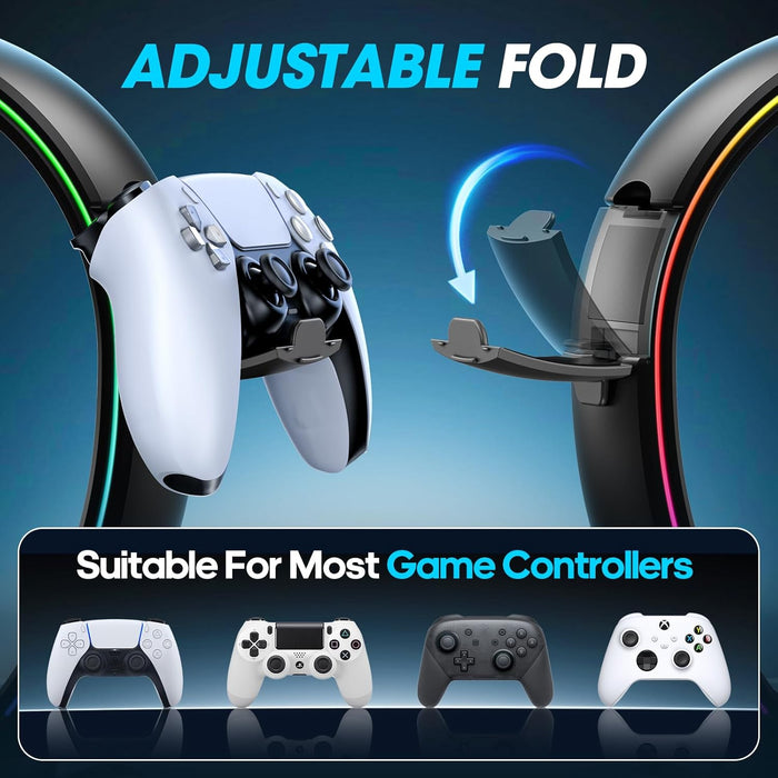 RGB Headphone & Controller Stand with 9 Light Modes - Foldable Controller Hanger for Desk - Earphone Stand with Cable Or